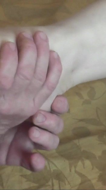Thrilling moment from "Lover licks wife MILF feet in stockings, puts in doggy style, fuck pussy, jerks off and cum on feet."