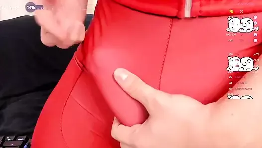Sexy twink plays with his big juicy that starts leaking in a tight red cycling suit