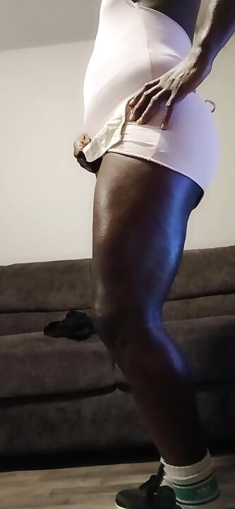 Curvy male with hanging long black sweaty dick