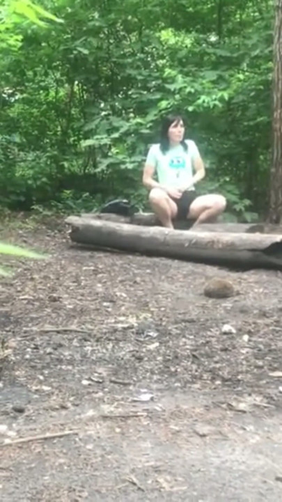 She’s pleasuring her pussy  a sweet brunette MILF in the forest, and I’m secretly watching her! | Clip 1