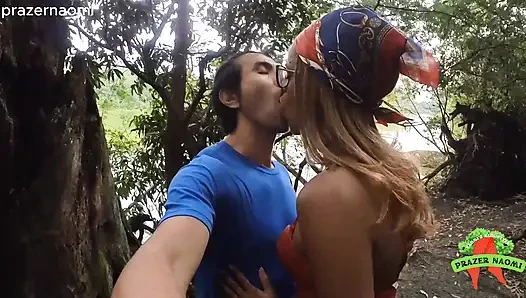 Black slut having sex in the park with an Asian guy