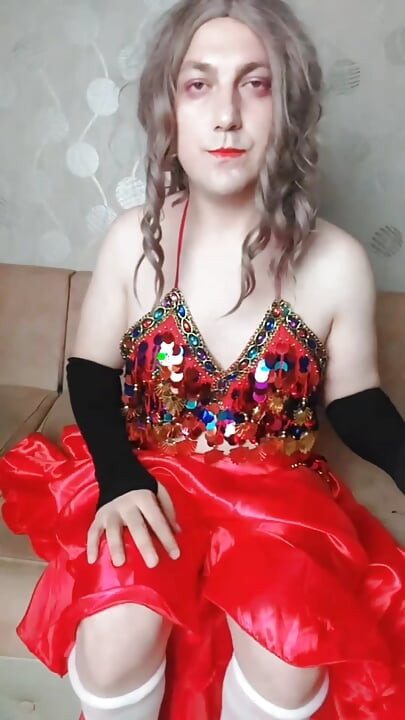 Belly Dancer Femboy in Red Seductive Dress