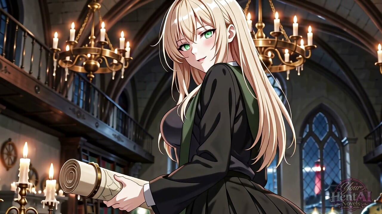 Draconia Malfoid has an affair in the library of her magic school.
