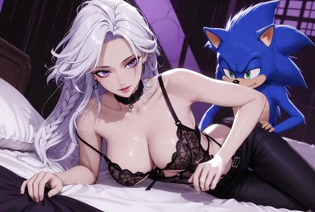 スピードと未来の大人のファンタジー、大人の青いハリネズミ、女の子、女性たちと共に