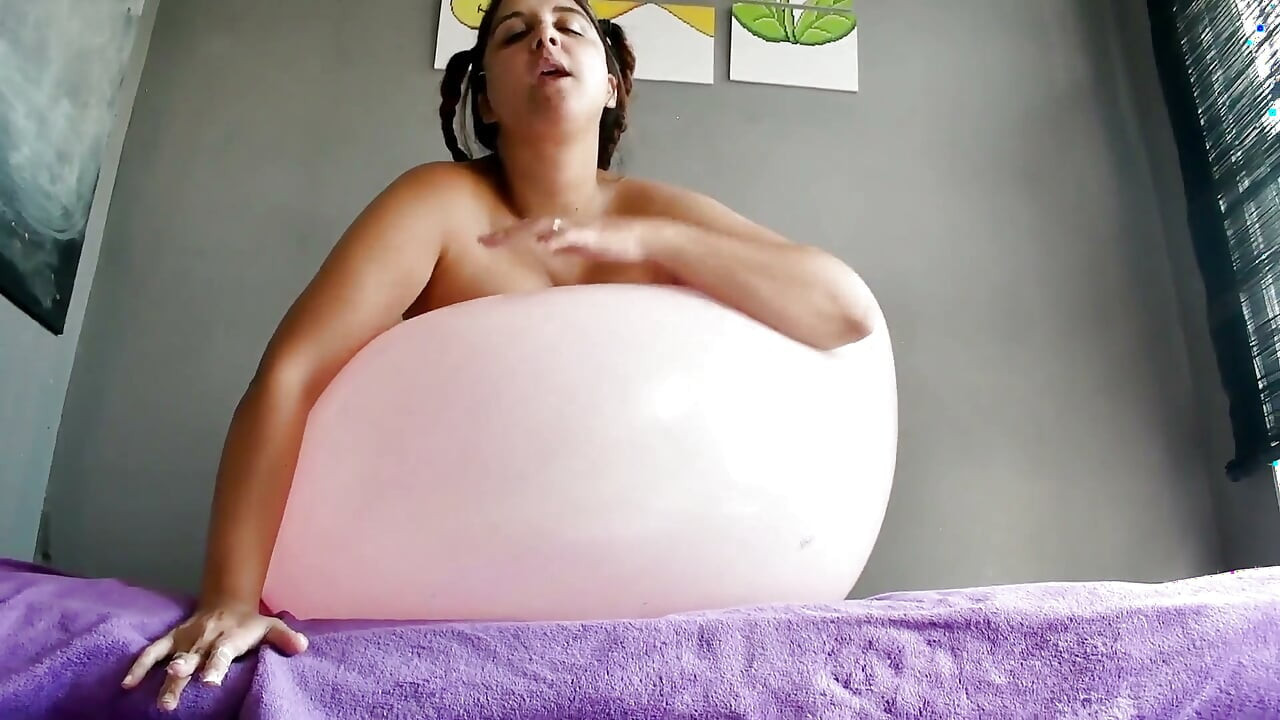 Braided Pigtails Girl Makes Bubbles on Big Balloon - Bunny Looner