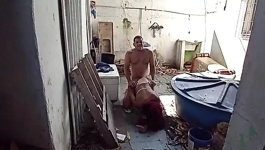 Putting it hot on the cleaning lady in the backyard