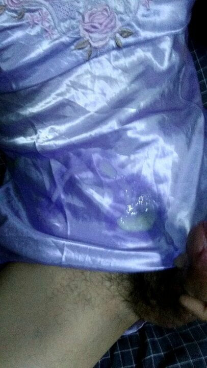 Cumshot on purple satin nightdress