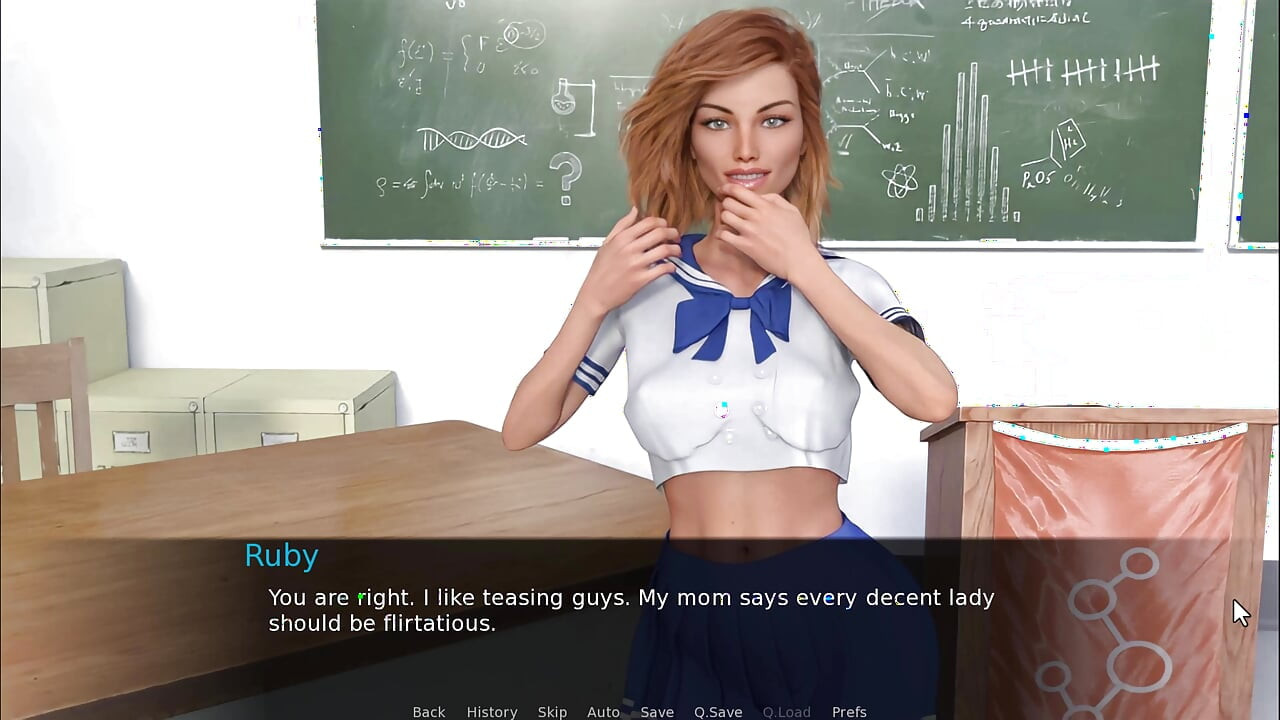 Futa Dating Simulator 3 Ruby ga zadirkuje svojom seksi fakultetskom odjećom