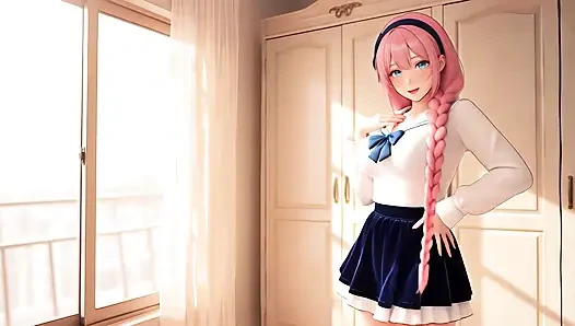 Şehvetli pembe saçlı tatlı kız açık havada yatak odasına doğru yürüyüş yapıyor