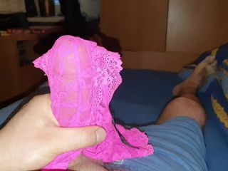 Beata's pink lace panties soaked by my cum again