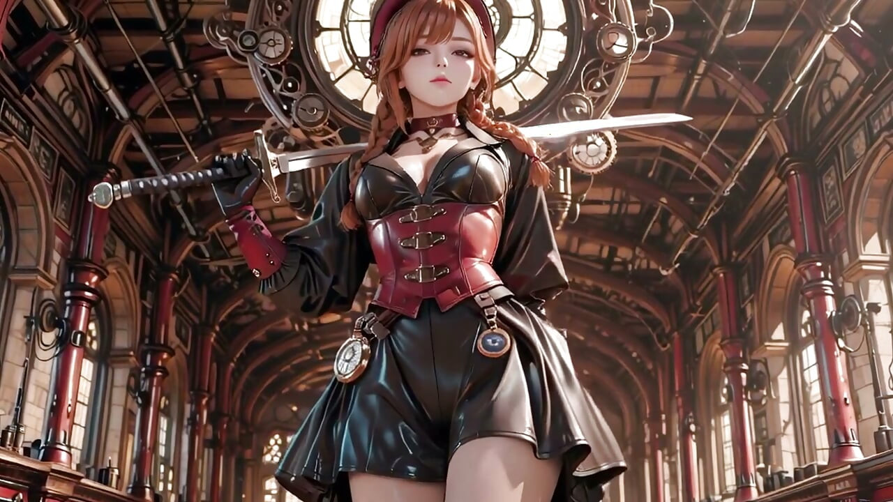 Steampunk-hertiginnan! Rödhårig mekanisk tjej som retar i kugghjulshallen.