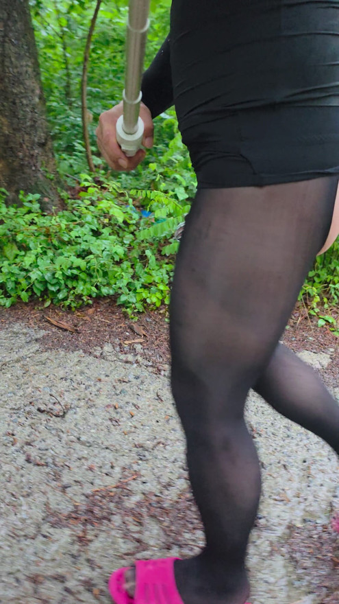 Rainy day flashing in pantyhose