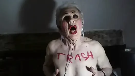 Rancid old fag  femboy Sarah, wanks her clit and fucks herself with a 9 inch dildo