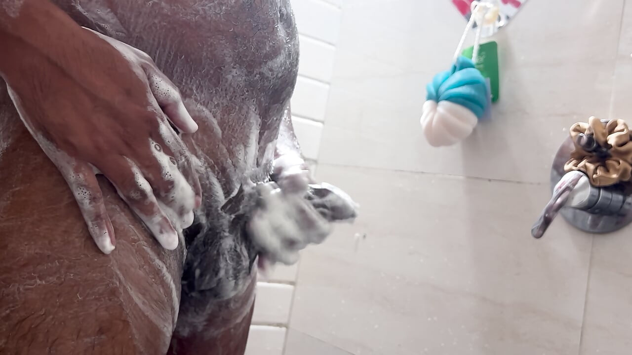 Indian man trim private part hair & masturbating during shower