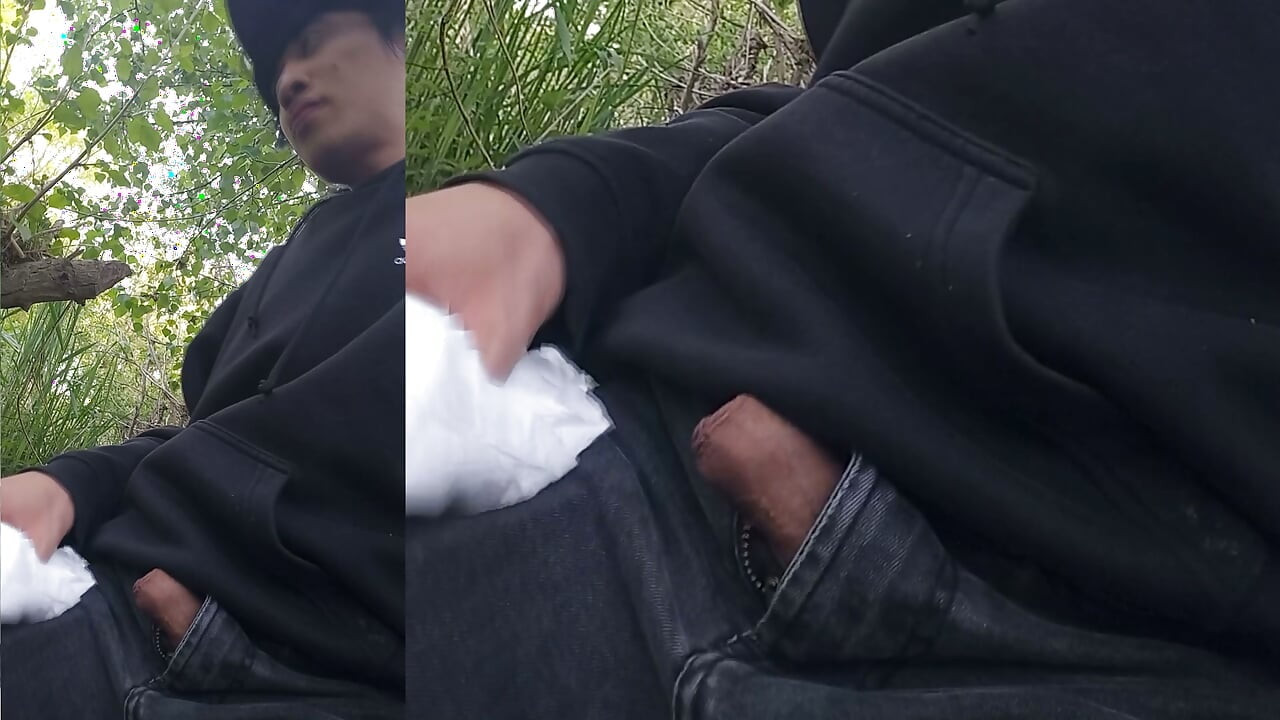 Cock exposed through the pants fly, this cute gay boy, humping, precuming, cumming, cleaning sperm on dick outdoors Jon Arteen