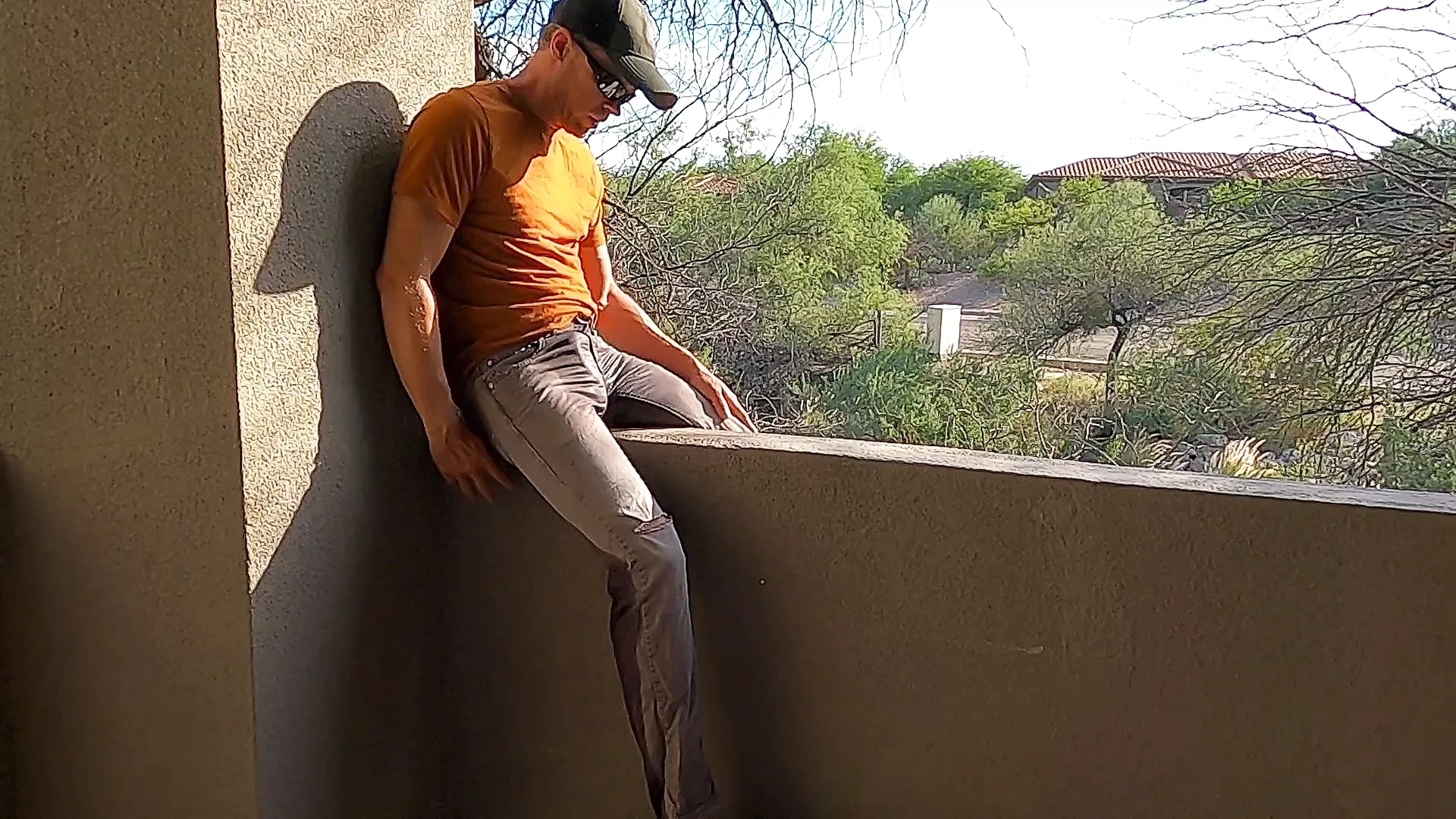 Piss and cum on a hotel balcony