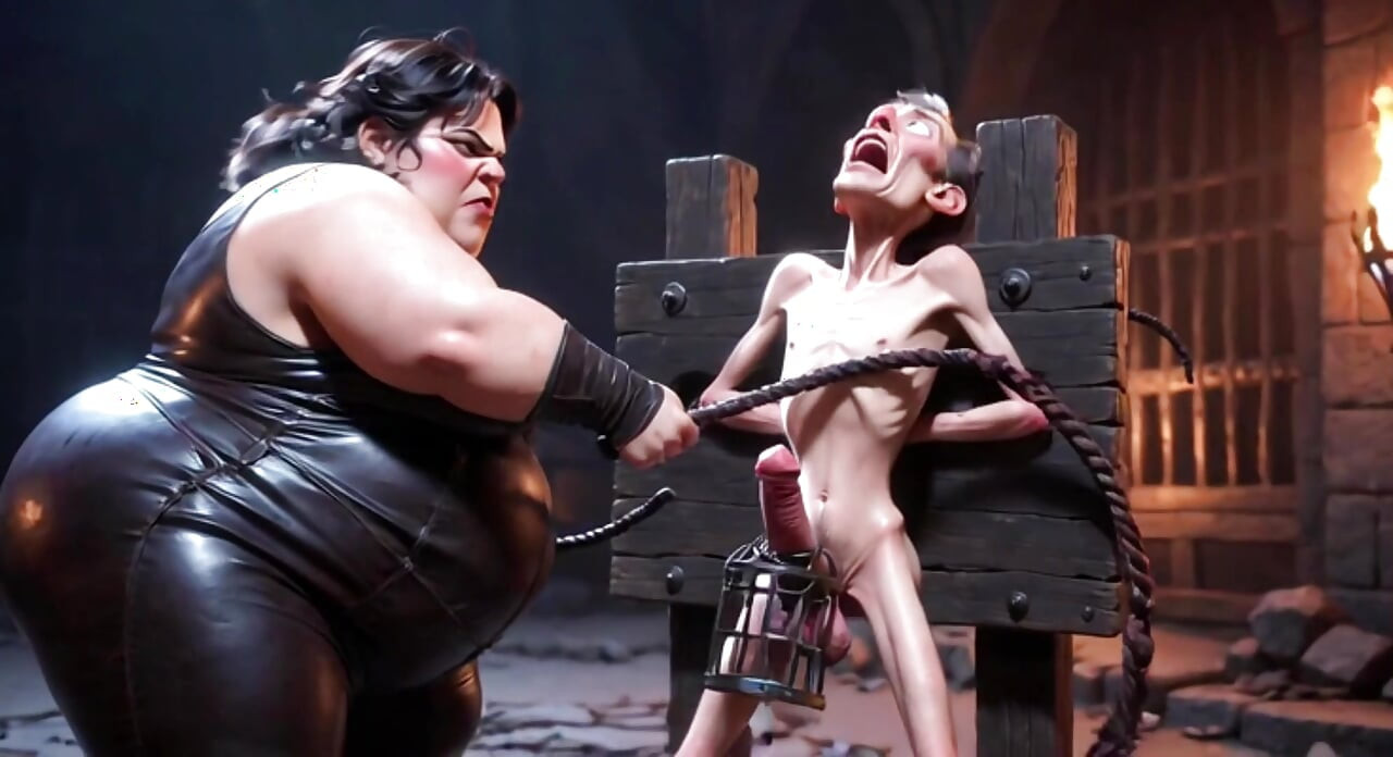Cbt humilhação - gordinha dominatrix chicoteando pau escravo trancado