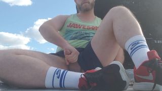 Jacking off up on the roof, and nut in the sun