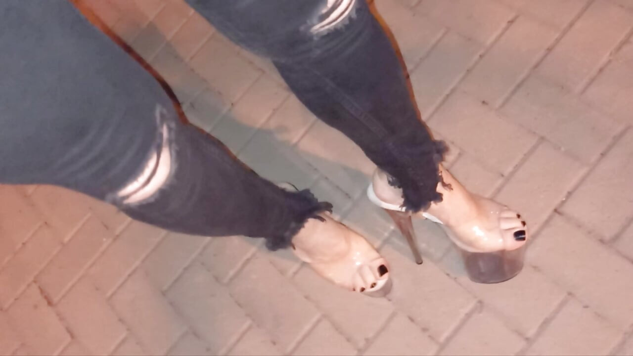 Sexy Feet & Legs in 20cm Sky-High Clear Stilettos - Ripped Jeans Tease