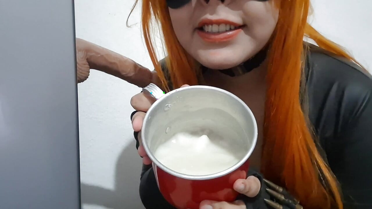 Big Tits Femboy Black Widow in Leather Bodysuit and Nosehook Eating Cum, Deepthroat and Gagging after Blowjob to Dildo