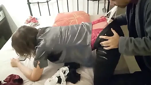 1096 (01) - French Amateur, Doggystyle Fuck, Satin Lingerie, Clothed Sex, Blowjob, Rimjob
