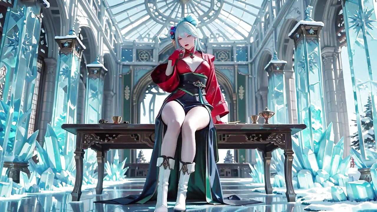 Ice Throne! Silver-haired Mage in Red-green Gown Kneeling, Blue-haired Partner Teasing in Realm!