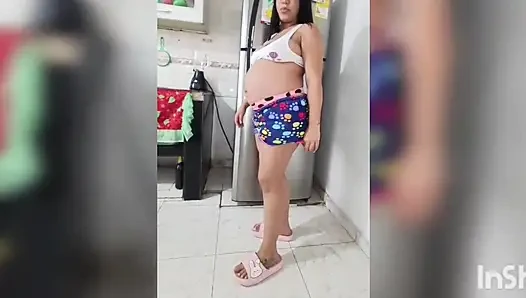 A Quickie Fucking in the Kitchen with Kelly, the Brunette with Big Tits From Colombia