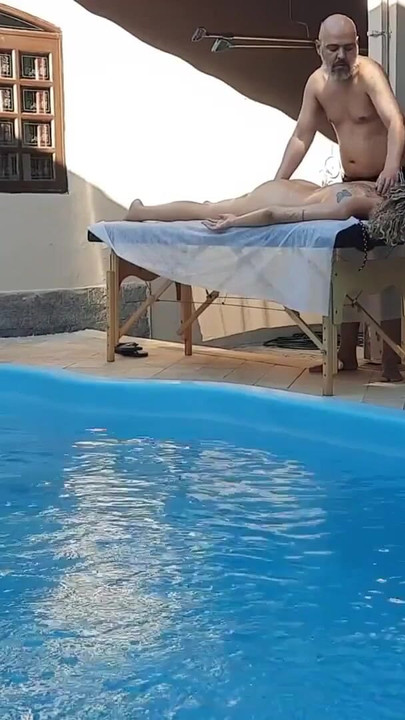 Key moment from "Massage in the pool. The therapist couldn't hold back and made her cum in his mouth."