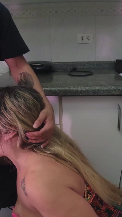 Fucking Stepmom in the Kitchen While Cuckold Husband Is in the Bedroom