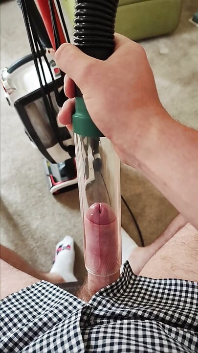 Vacuum cleaner sucking my cock with clear tube sitting
