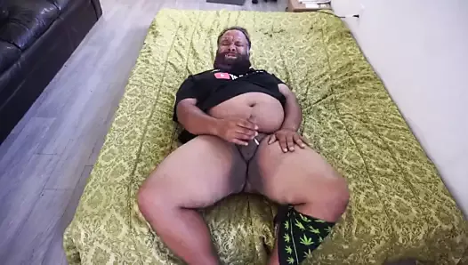 Fat bear jerking off in roommates bed