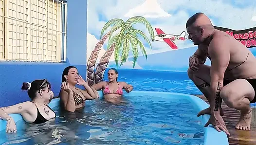 3 naughty friends paying the pool owner on the xerecard