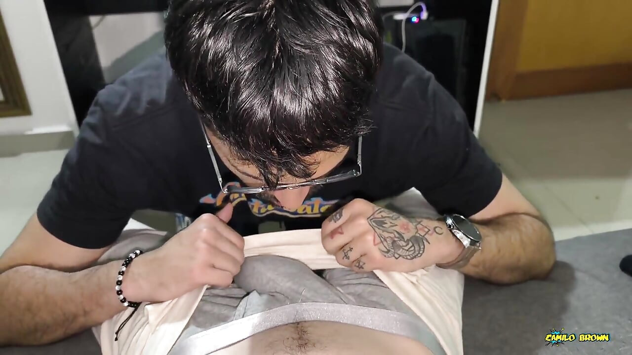 Kneeling & Horny Sniffing My Boyfriend’s Bulge Till I Cum on His Cock & Swallow Both Loads