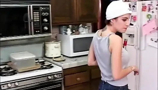 Sexy blonde and big boobs red hair lesbians dildo sucking pussy dildo penetrated in the kitchen