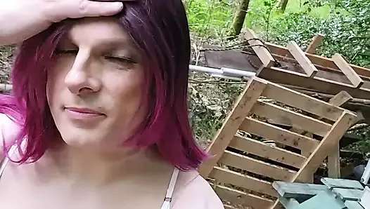 Putting my gorgeous dress on over my luxury lingerie in the woods