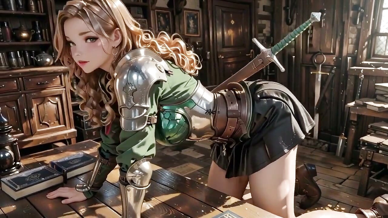 Fantasía de caballero medieval! Armadura verde y secretos húmedos, arrodillado en la biblioteca mirándote, provocación con la mano en el pecho