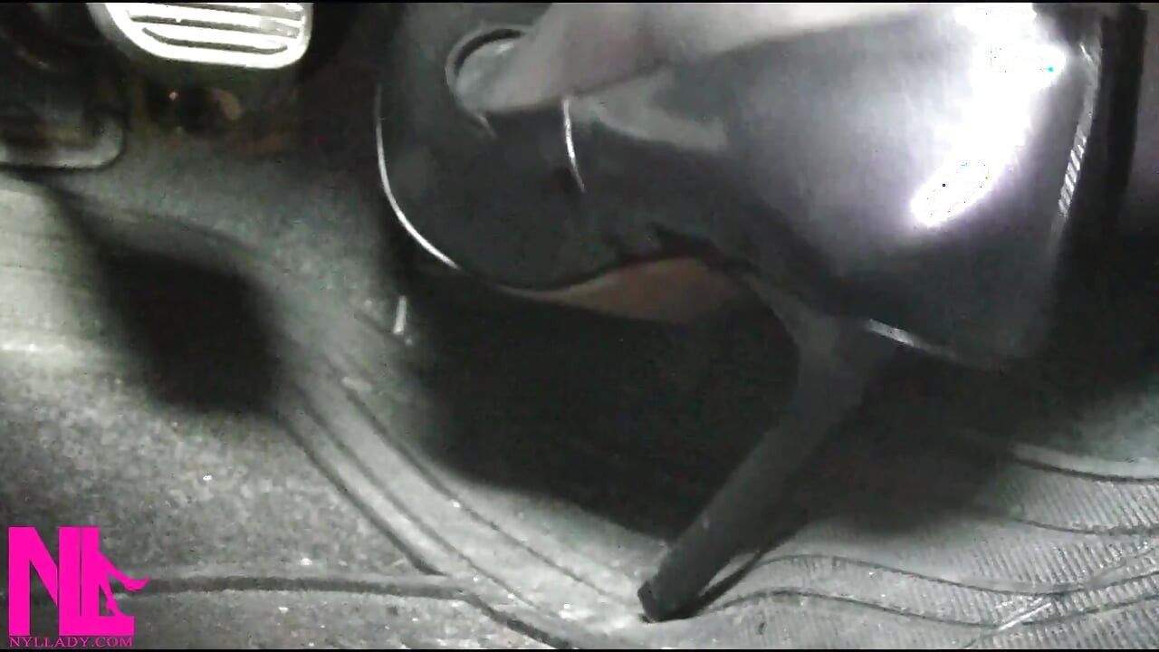 Revving and Driving in Black Pantyhose and Grey High Heels