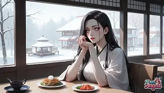 Kimono krem damlayan karlı bir kafede seksi, edepsiz baştan çıkarma - azgın, sert porno!