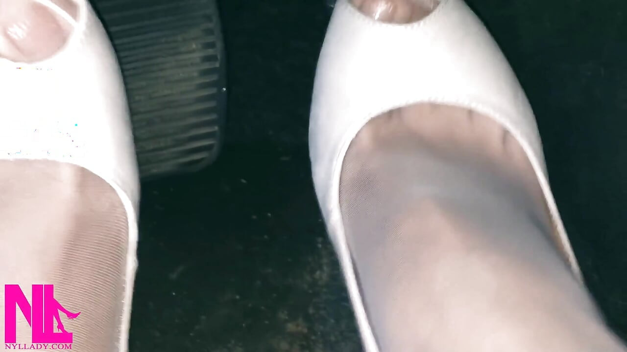 Revving and Crazy Pedal Pumping in White Stockings and White High Peeptoed Heeled Sandals