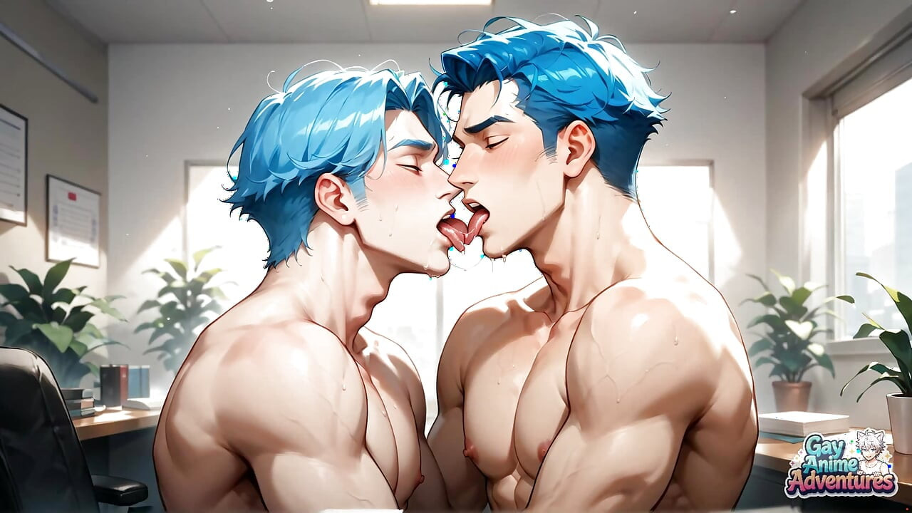¡Un gigantesco aluvión! ¡Los clímax de oficina de pelo azul son los mejores porno gay xxx!