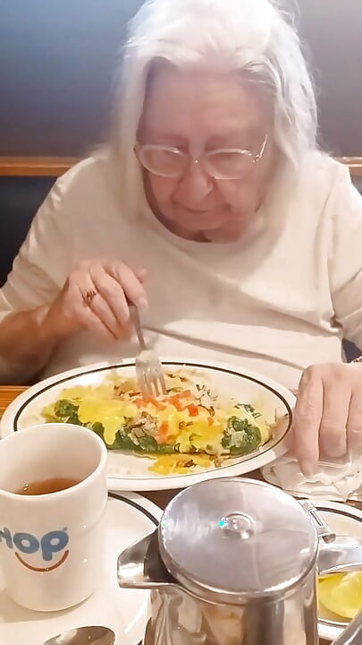 Stepmom and I eating breakfast