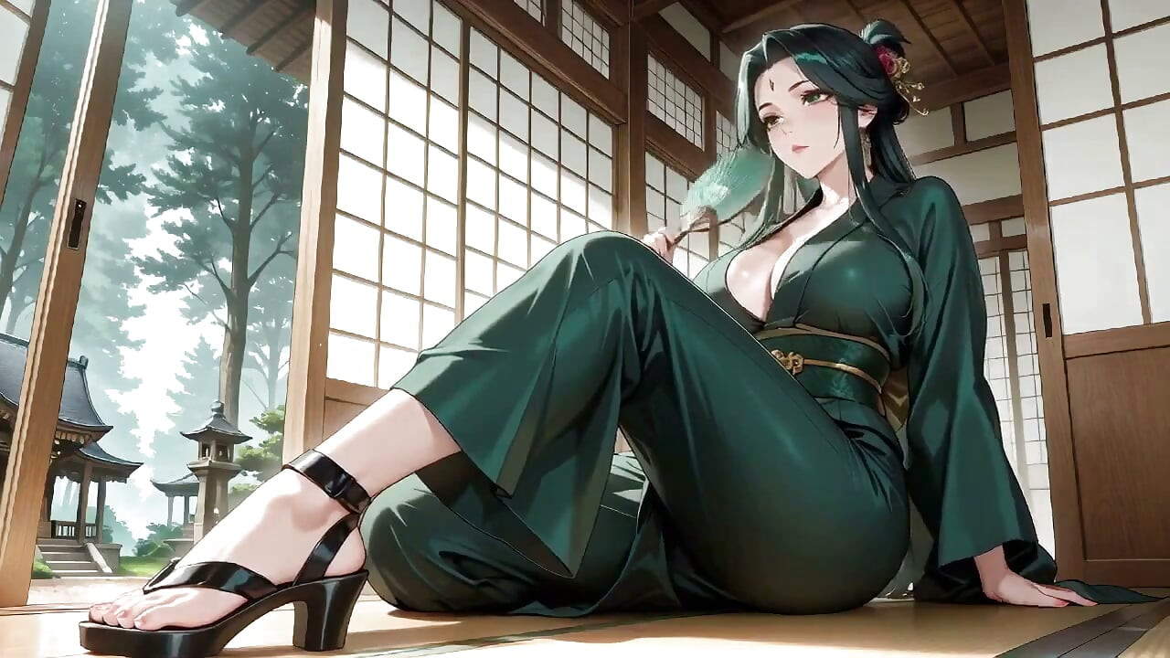 Deep Green Kimono! Private Shrine Stroll, High Slit Accidents!