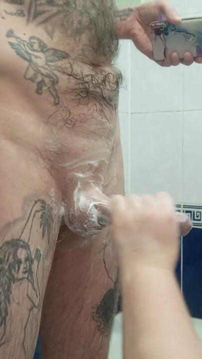 mother-in-law shaves my dick and balls and then jerks off to a cumshot | Clip 1