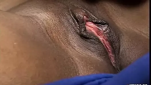 Horny ebony gets her shaved pussy drilled by a white man after she masturbates