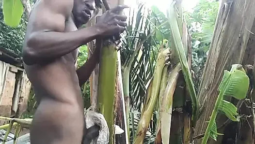 Hombre todo solo en el bosque y hacer que el plátano sea esposa y follar en él