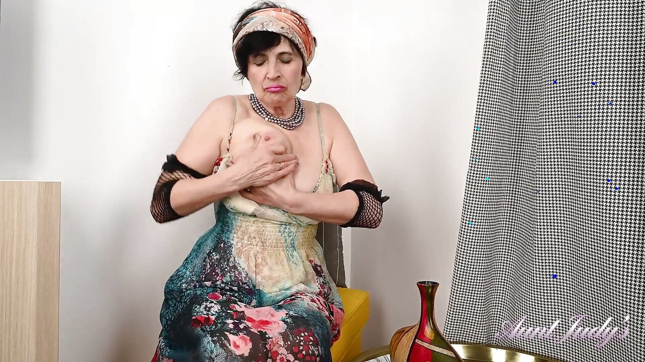 64yo Hairy Mature GILF Minia Masturbates in White Fishnet Stockings