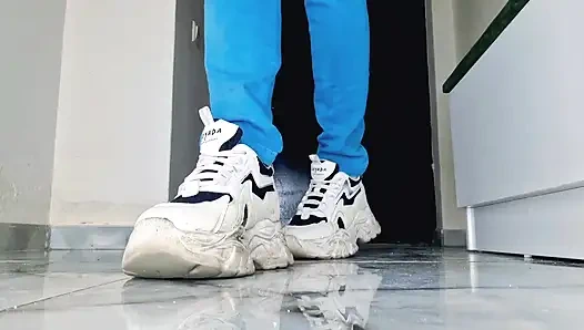 After a long walk in sneakers, my feet are sweaty. It's time for a foot massage from my submissive.