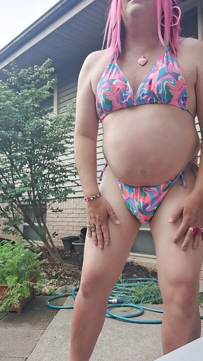 Feeling horny in my new bathing suit outside on the patio!