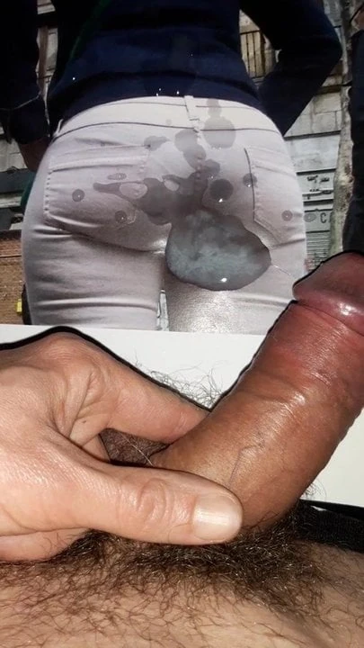 cumtribute on big round milf ass in thight suite jeans