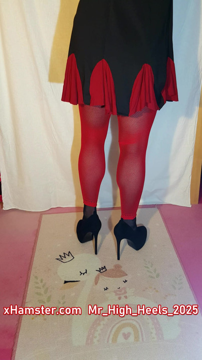 Red with black shoes.